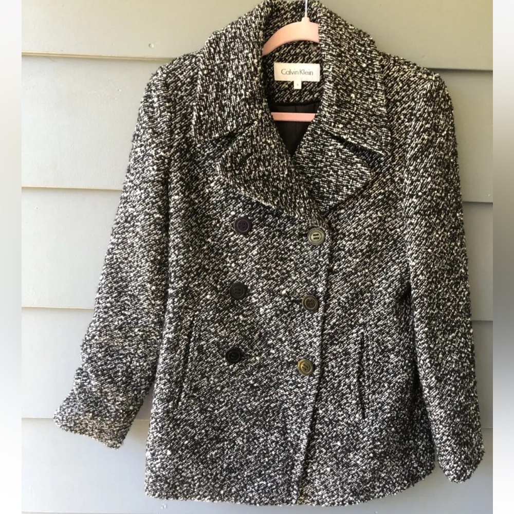 Calvin Klein Womens Black & Off White Melange Tweed Peacoat Coat size 6